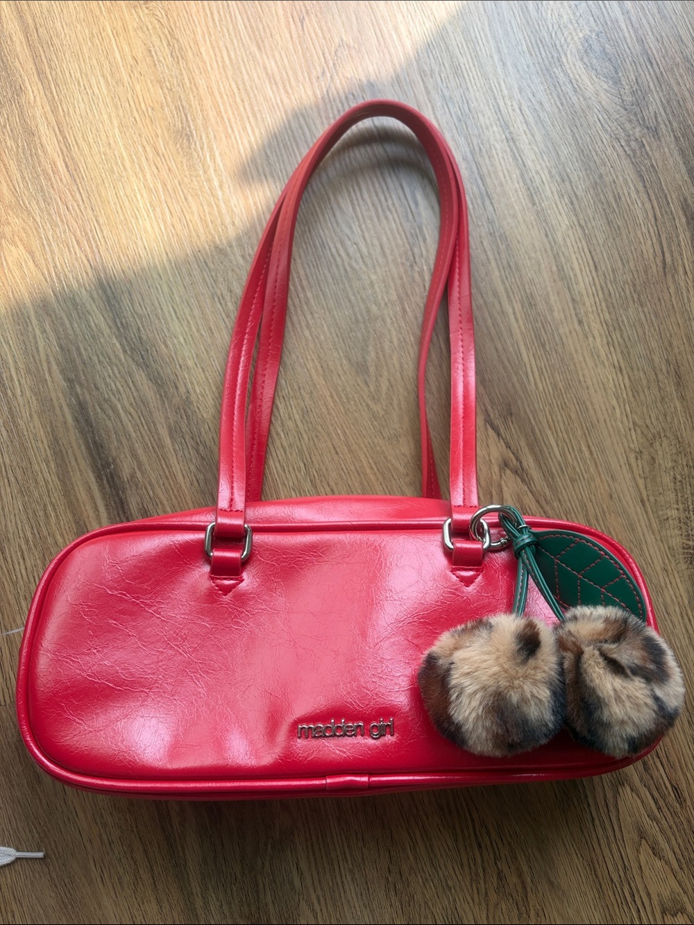 Madden Girl Bright Red Shoulder Bag with Cherry Pom Charm Baguette Y2K Retro